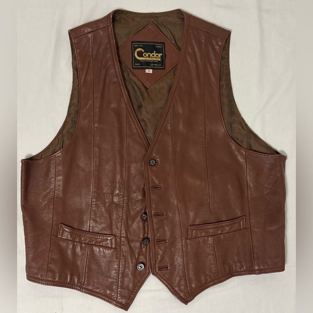 Condor Brown Leather Western Moto Biker Vest w/ Back Buckle Size 46 - Picture 2 of 10
